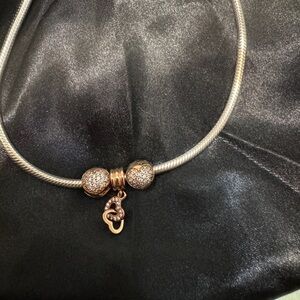 Pandora Silver Necklace 19.7in with two Heart Pave Rose clips and dangled heart
